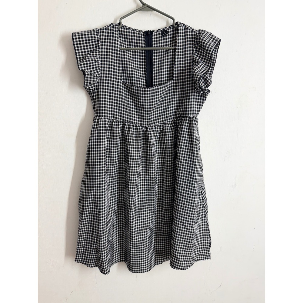 Shein Black White Gingham Mini Dress Ruffle Sleeve Square Neck Babydoll XS
